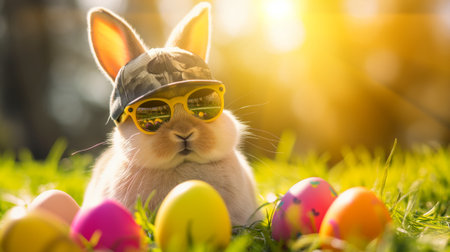 funny Easter bunny with sunglasses and cap sits in the grass with colourful Easter eggsの素材
