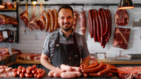 Salesman in butchery stands in a shop for meat and sausageの素材