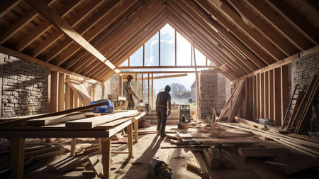 Craftsman and carpenter working on a roof truss on the construction siteの素材