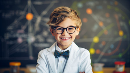 6 year old boy stands as a professor with a bow tie in front of a blackboard with formulasの素材