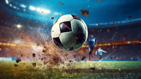 A football is played at great speed in the stadiumの素材