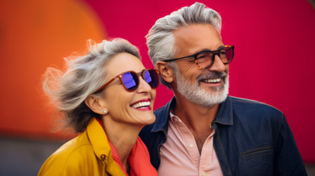 An older, middle-aged couple is happy, having fun and laughing indoorの素材