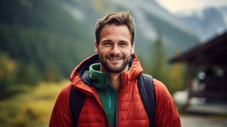 portrait of attractive middle aged man in sportive outfit, hiking outdoor in the mountainsの素材