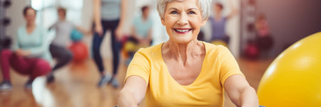 old senior woman doing sports in a gymnastics studioの素材