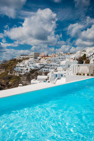 Swimming pool in Santoriniの写真素材
