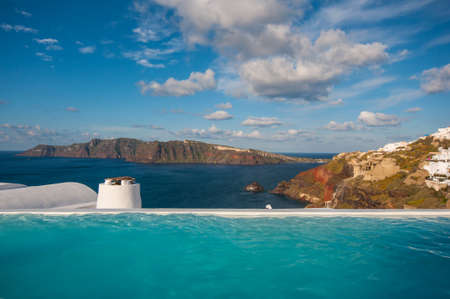 Swimming pool in Santoriniの写真素材