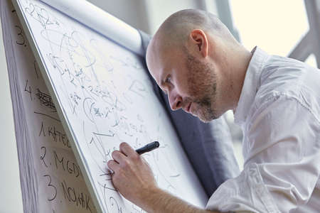 Bald Businessman Writing Calculations on the Board