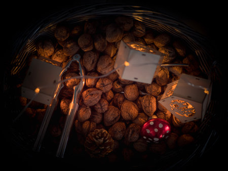 tool for crushing walnuts and shelled walnuts in a basket. Natural and organic walnuts. The basket...