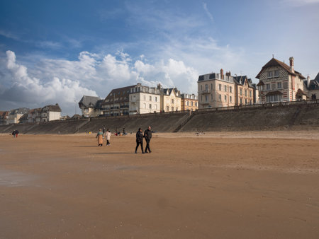 Cabourg, France, March 2021: Walking people Plasma Normandy, First Spring Day by the seaのeditorial素材