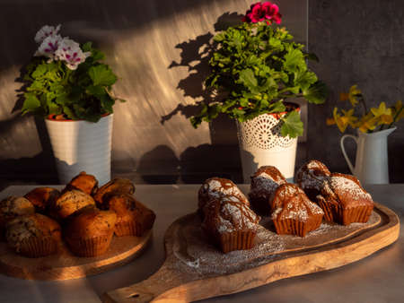 Many cupcakes sprinkled with powdered sugar and glade caramel on a wooden table, warm lights, fresh cookies from the oven, closeup, muffinの写真素材