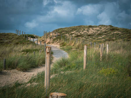 A winding wooden road leading upwards, a beautiful view in the background blue sky and tall sea grass growing in the dunesの写真素材