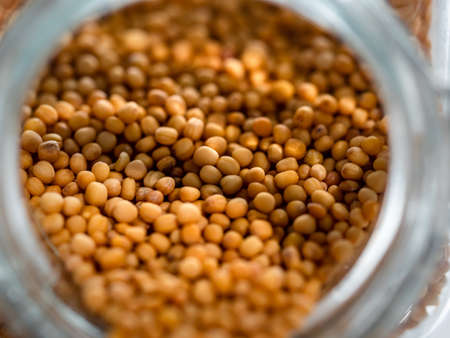 Dry mustard seeds in a glass bottle and a pile of mustard on a white background. Close-up macro