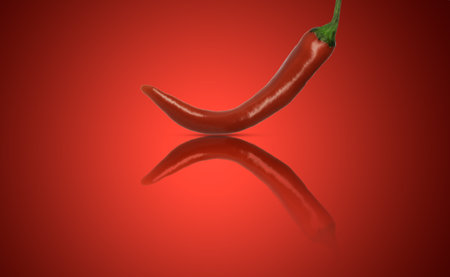 red chili pepper in a mirror image in the base - red backgroundの写真素材