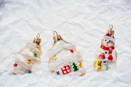 crumpled paper texture. Some Christmas decorations in the snow backgroundの写真素材
