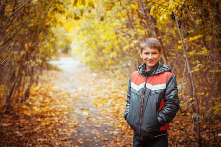 portrait of a happy boy in the autumn park
