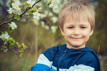 Portrait of a happy little boy in the parkの写真素材