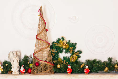 Christmas background Beautiful Christmas interior with decorative fireplaceの写真素材