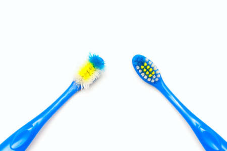 New and used blue color toothbrush comparison on a white background
