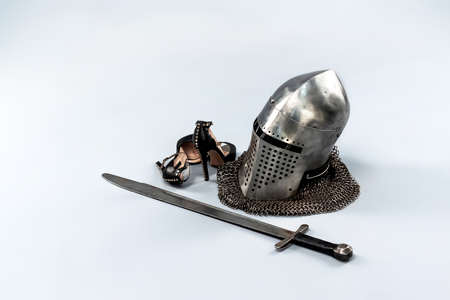 Knights metal helmet isolated on white background.の写真素材