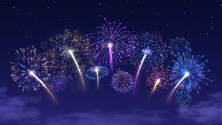 Fireworks arc on starry night sky