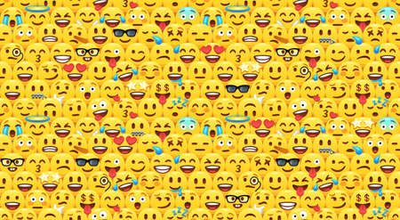 Seamless emoji pattern with cartoon emoticon facial expressions, happy and sad yellow faces. Emojis crowd vector background illustrationのイラスト素材