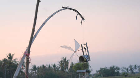 Blades of a fan made from plastic, ropes and bamboo pole for scaring birds and measuring wind. Birdscarer on a rice terrace in Asia. Defocus and film grain.の写真素材