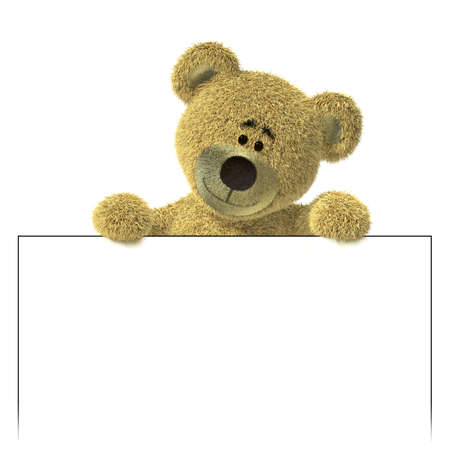 Nhi Bear with an empty white billboard, looking down on a placeholder. Place your text or logo here. Isolated on white background.の写真素材