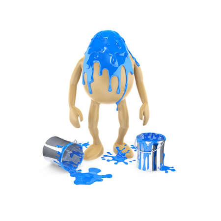 A brown egg is playing with blue paint while preparing for Easter holidays. It's been splashed with paint. Liquid color is dripping down to the ground.Two opened paint cans in the foreground.の写真素材