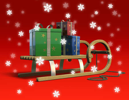Sledge with presents and snow-flakes, rear-view.