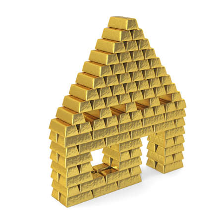 A house made up from gold bars in front of a white background.の写真素材