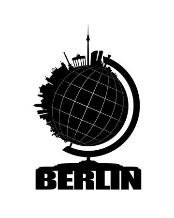 The skyline of Gemany's capital Berlin sits on one side of an earth-globe. White lines of latitudes and longitudes are drawn onto the black globe. The whole globe stands on letters forming the name Berlin. This vector-illustration is black and white and iのイラスト素材