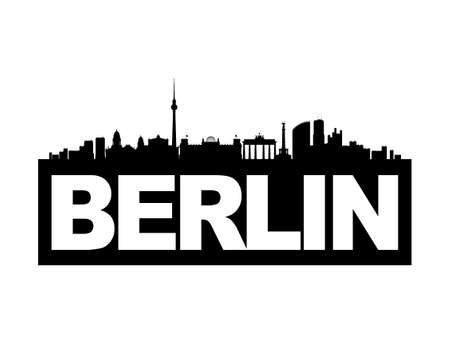 The skyline of Gemany's capital Berlin with the city's name on it's base. This vector-illustration is black and white and isolated.のイラスト素材