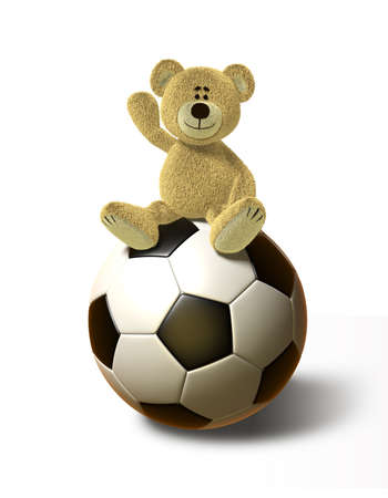 A teddy bear sits on a huge soccer ball, smiles and holds his right hand up in the air. This image is isolated on a white background with soft shadows.の写真素材