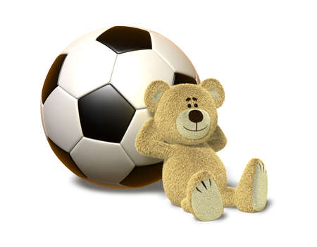 A teddy bear sits on the ground and leans his back against a huge soccer ball. He smiles and folds his arms behind his head. This images is isolated on a white background with soft shadow.の写真素材