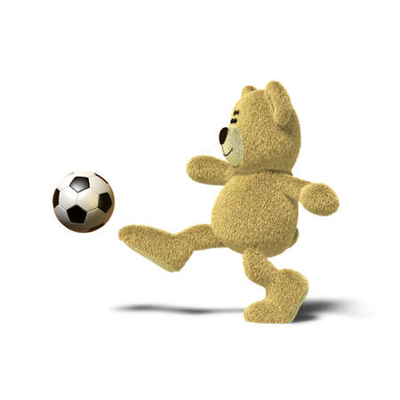 A teddy bear is kicking a soccer ball up into the air with his right leg. Viewed from the side, front views also available. The image is isolated on a white background with soft shadows.の写真素材