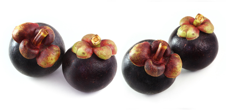 Still life photography in studio of Thai fruit: Mangosteen is queen of fruits. Organic mangosteen is popular fruits, Organic fruit on wooden plate. Isolated on white background. Clean food good taste idea concept.の写真素材