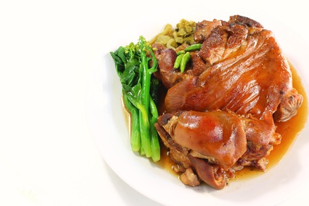 Still life photography of food : Stewed leg pork with sweet gravy sauce style chinese food served with steamed rice. Selective and shift focus. Shooting in studio, Clean food good taste idea concept.の写真素材