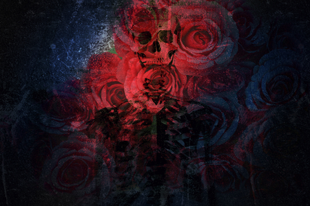 Multiple exposure, Roses, skull and  skeleton for Halloween background.の写真素材