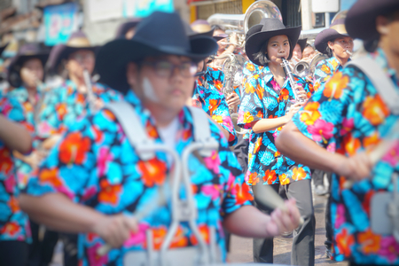 CHONBURI, THAILAND-APRIL 13,2019 : Beautiful parade Songkran Festival at Thailand. Foreign tourists...