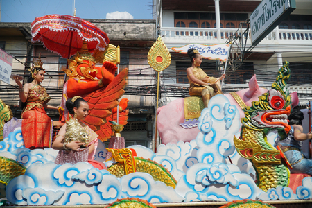 CHONBURI, THAILAND-APRIL 13,2019 : Beautiful parade Songkran Festival at Thailand. Foreign tourists...