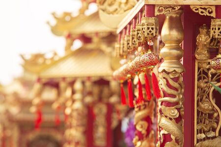 Close up corner of shrine. Vegetarian Festival also known as Nine Emperor Gods Festival concept. Selective focus and free space for text.の写真素材