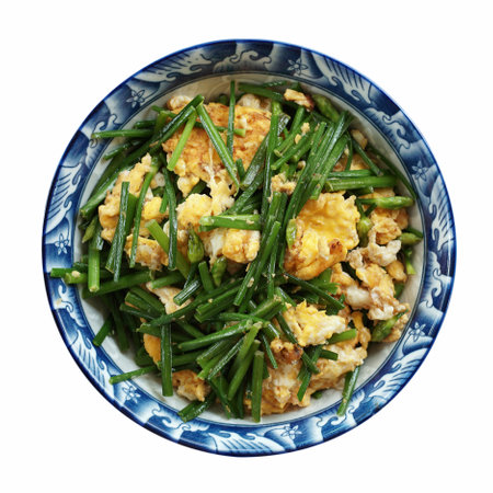 Still life photography of vegetarian food : Chinese leek with egg for vegetarian food isolated on white background. This image stacked with clipping path. Vegan food good taste idea concept.の写真素材