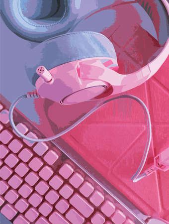 Posters of DJ music event with pink headphones in dance party. Music party banner design template...