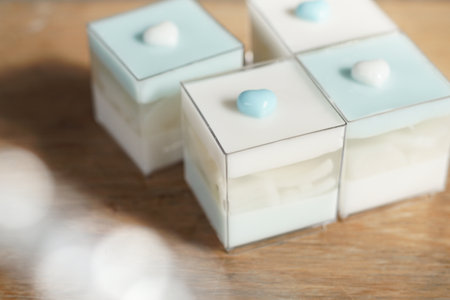 Coconut milk jelly in box set on table. Jelly gift set. Delicious dessert, coconut milk jelly for...