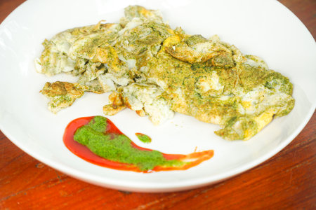 Super food. An omelet with Wolffia globosa, the nutrient rich plant. High quality plant protein, omega 3 and vital minerals.の写真素材