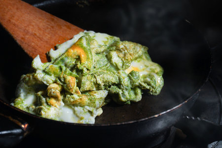 Super food. An omelet with Wolffia globosa, the nutrient rich plant. High quality plant protein, omega 3 and vital minerals.の写真素材