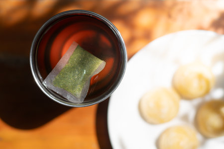 Thai herb in bag. Herb water for good healthy on wooden table.の写真素材
