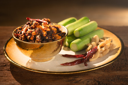 Pork Crackling Chili Paste (Nam Phrik kak Moo): Crispy, spicy, and savory. This Thai relish features crunchy cracklings, chili, and herbs. Served with fresh cucumber. A perfect crunch with hot rice.の写真素材