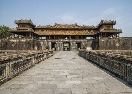 Pallace like structure to stop or welcome visitors at Forbidden City against blue skies.のeditorial素材