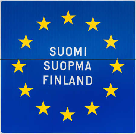Sign in Utsjoki, northern Lapland, on the border with Norway spells the name of Finland in Finnish,...